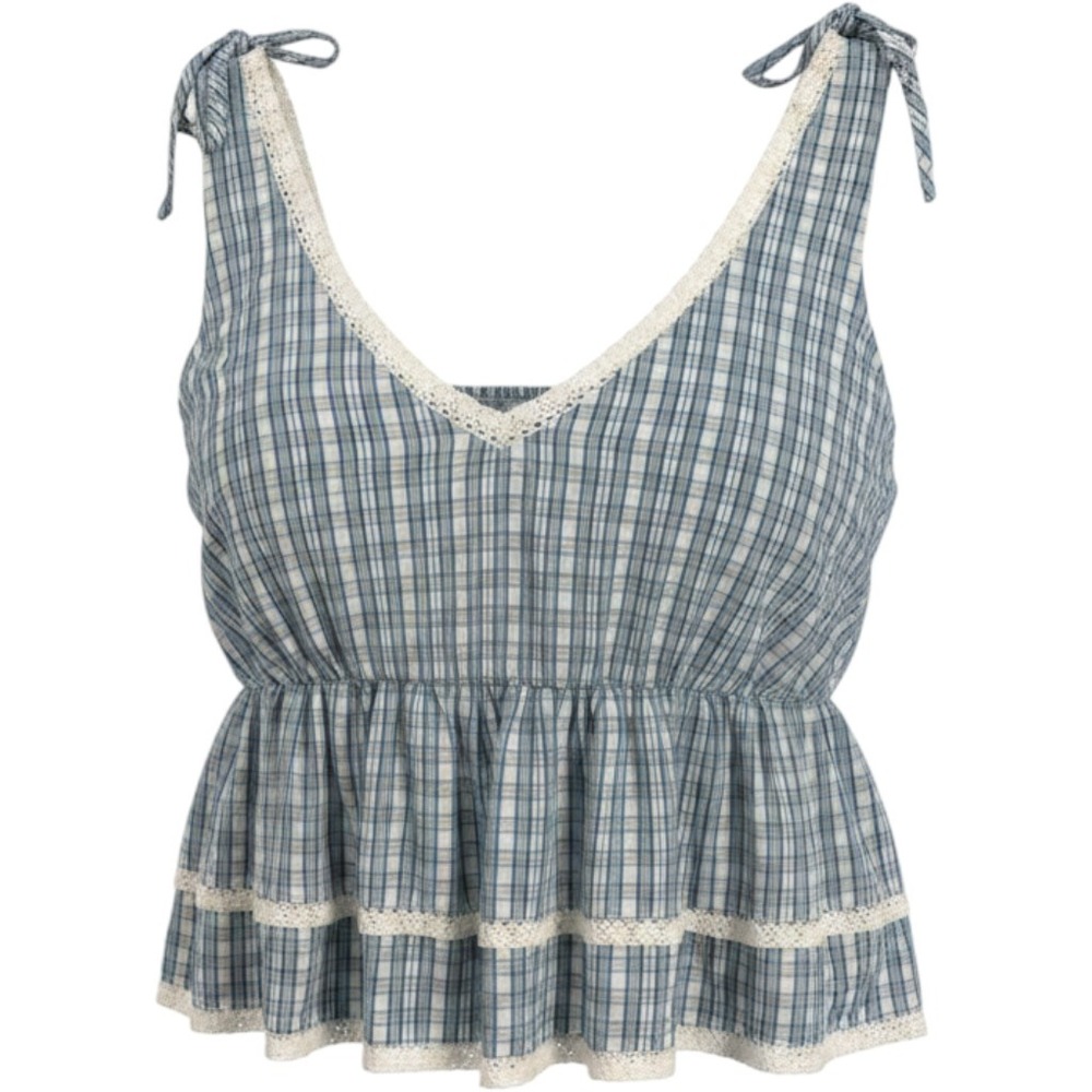 Lovefire Plaid Babydoll Top Women XL Blue NWT Lace Trim Tiered Ruffle